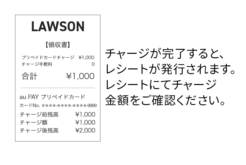 チャージが完了すると、レシートが発行されます。レシートにてチャージ金額をご確認ください。