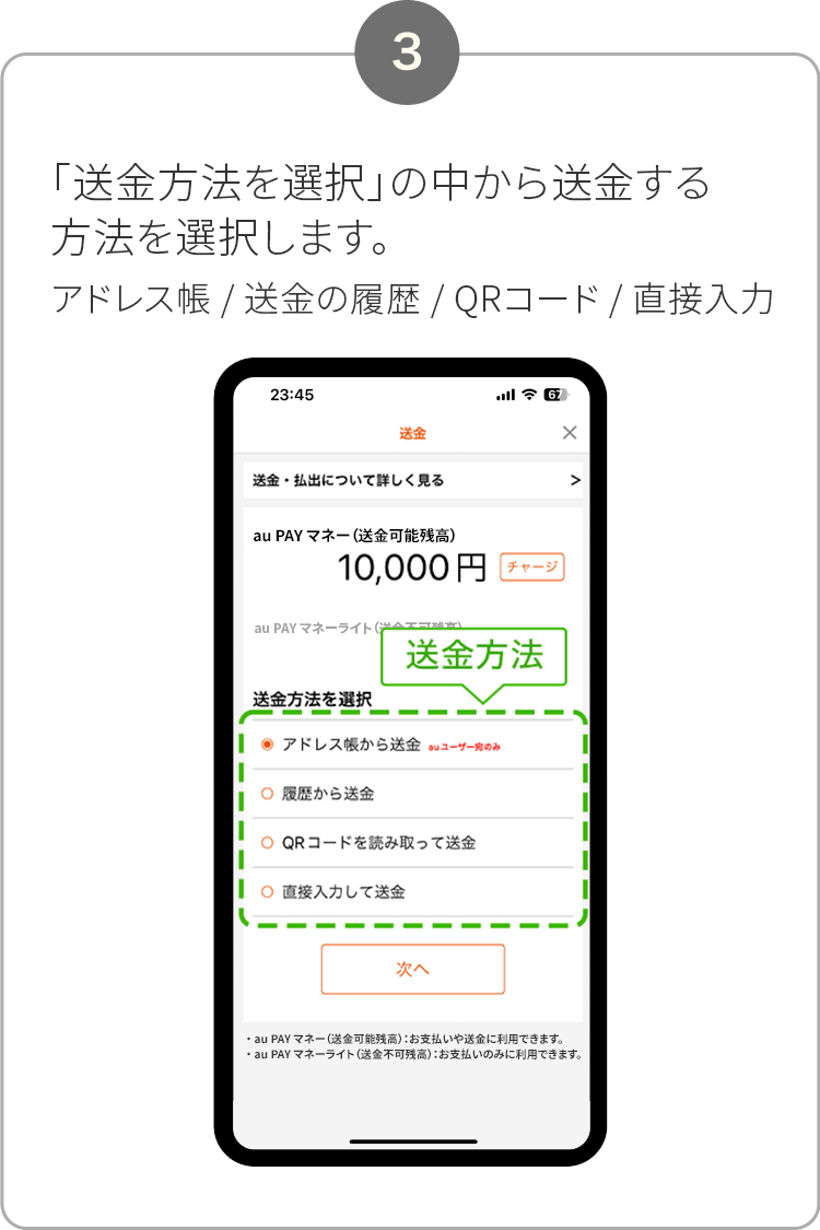 3. 「送金方法を選択」の中から送金する方法を選択します。アドレス帳 / 送金の履歴 / QRコード / 直接入力